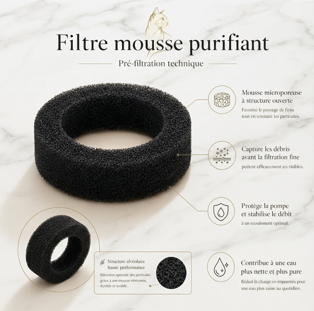 Infographie explicative Nolia sur le filtre mousse purifiant, présentant la mousse microporeuse noire de pré-filtration sur fond en marbre, avec des détails sur la protection de la pompe et la capture des débris.