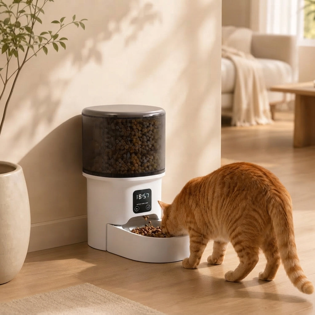 Distributeur de croquettes automatique intelligent pour chat avec minuterie (18:57) , chat roux en train de manger dans un intérieur moderne.
