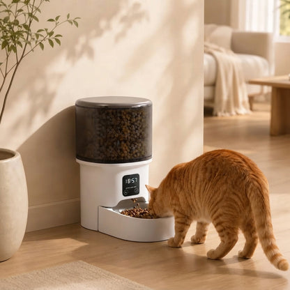 Distributeur de croquettes automatique intelligent pour chat avec minuterie (18:57) , chat roux en train de manger dans un intérieur moderne.