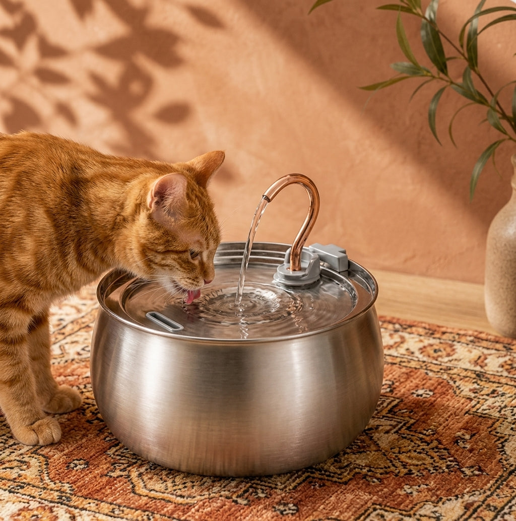 Chat roux en train de boire de l'eau fraîche à une fontaine automatique en acier inoxydable avec robinet en cuivre.