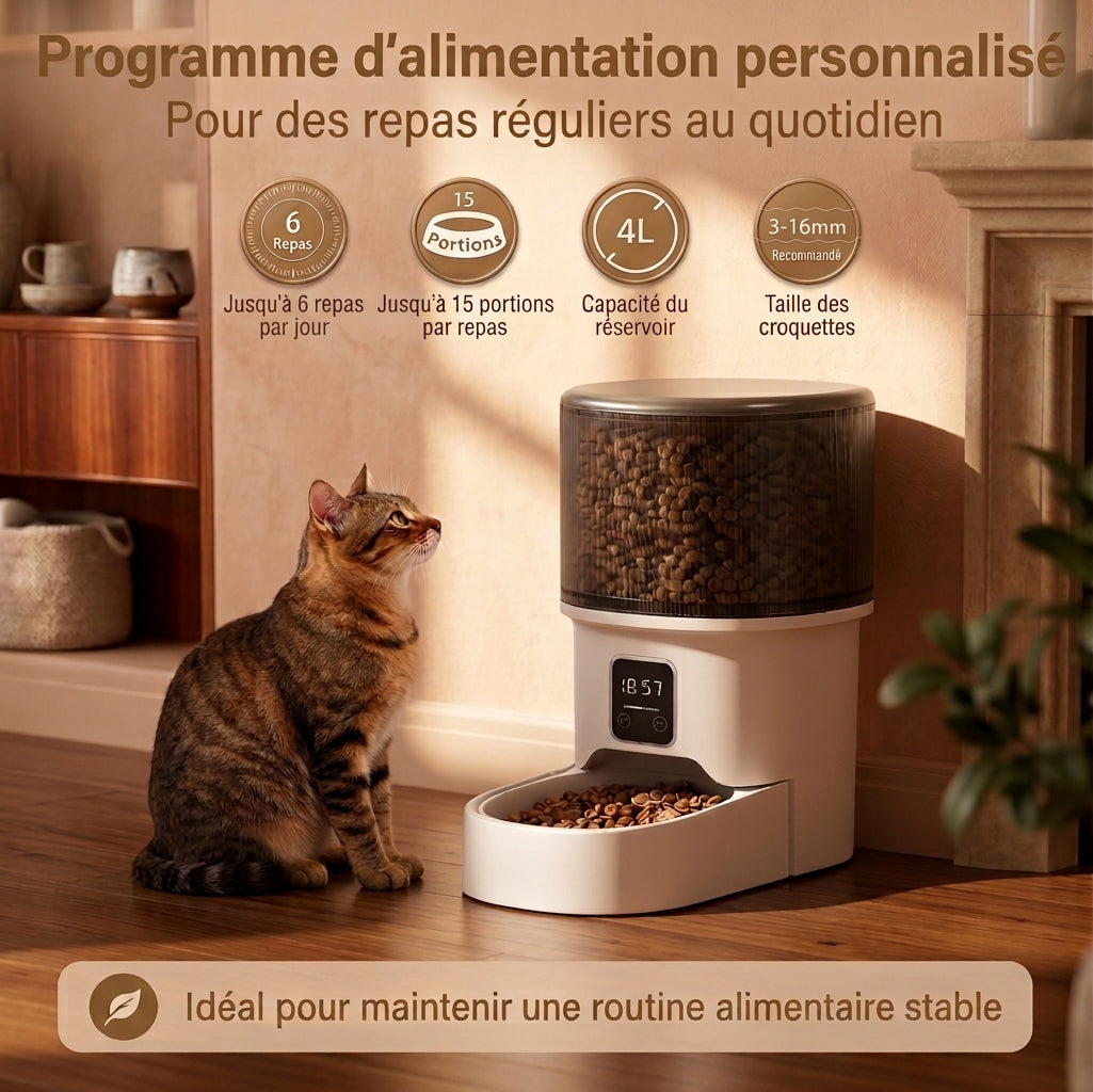 Un chat tigré assis à côté d'un distributeur automatique de nourriture blanc et transparent. Quatre pastilles dorées illustrées affichent les caractéristiques : "6 Repas (jusqu'à 6 repas par jour)", "15 Portions (jusqu'à 15 portions par repas)", "4L (capacité du réservoir)" et "3-16mm (taille des croquettes recommandée)". L'écran du distributeur indique l'heure (18:57)