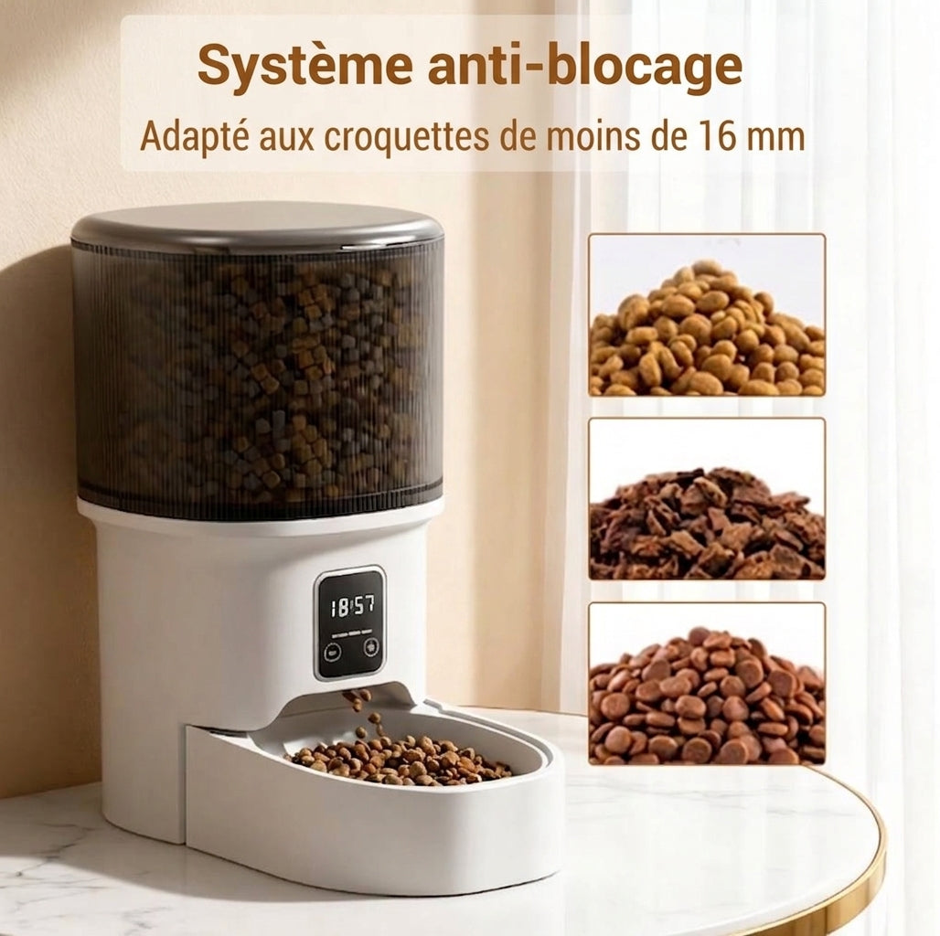  Infographie d'un distributeur de croquettes pour animaux illustrant son design anti bourrage pour différents types de granulés jusqu'à 16 mm.