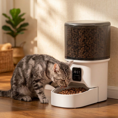 Un chat gris mange des croquettes dans un distributeur automatique de nourriture blanc et moderne, posé sur le parquet d'un intérieur chaleureux.