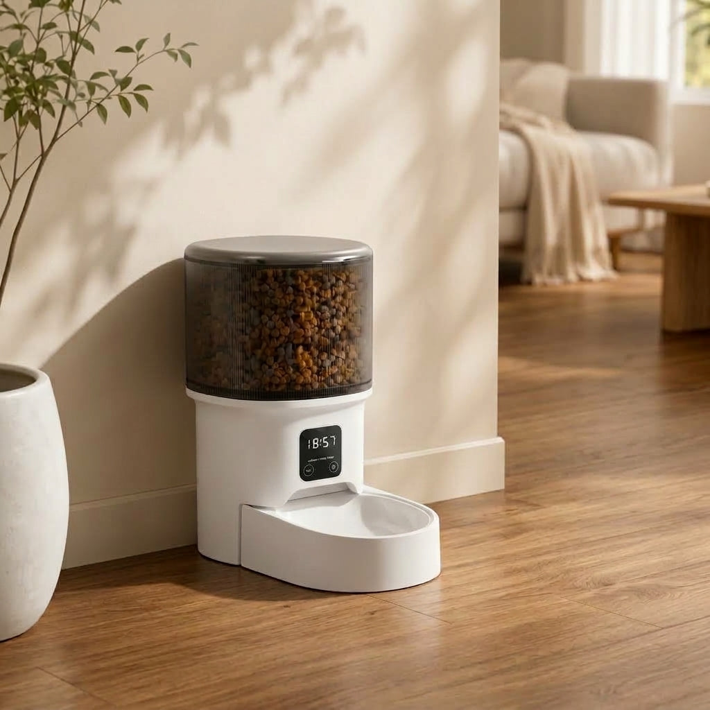 Distributeur automatique de croquettes blanc avec réservoir transparent et écran digital, posé sur un parquet dans un salon moderne.