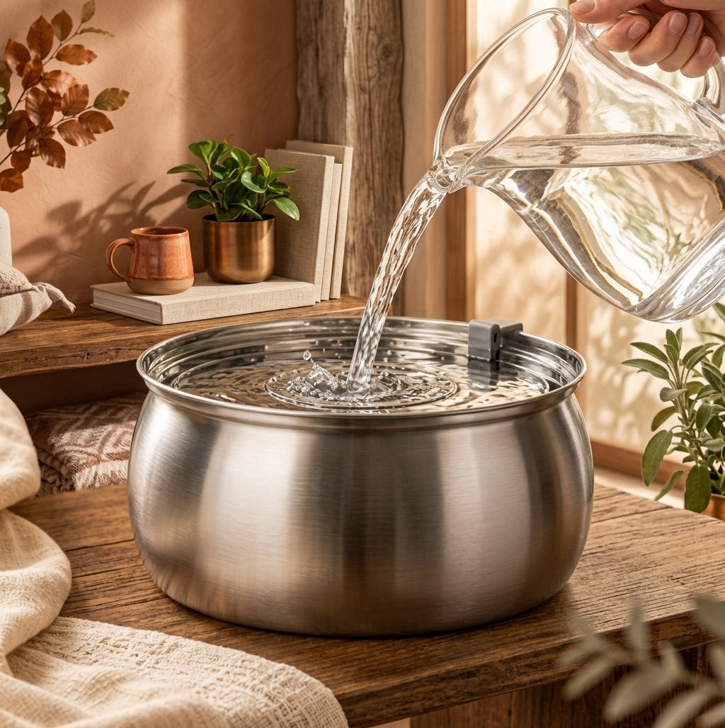 Une main verse de l'eau claire depuis une carafe en verre dans un grand bol en acier inoxydable brossé posé sur une table en bois rustique. L'arrière-plan est chaleureux avec des étagères contenant des livres, une tasse en cuivre et une plante verte en pot.