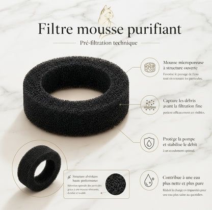 Infographie explicative Nolia sur le filtre mousse purifiant, présentant la mousse microporeuse noire de pré-filtration sur fond en marbre, avec des détails sur la protection de la pompe et la capture des débris.