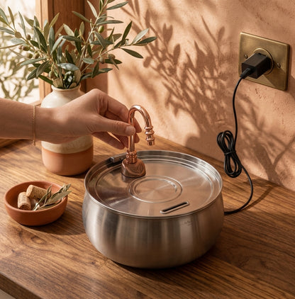 Une main ajustant le bec en cuivre d'une fontaine à eau en acier inoxydable branchée au secteur sur une table en bois.
